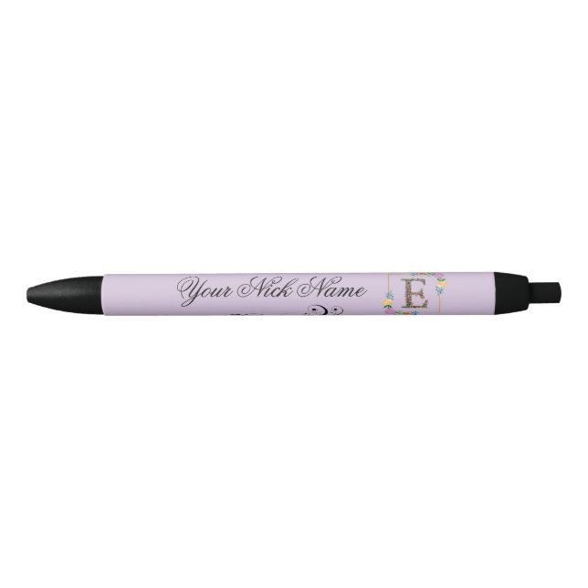 Caneta Preta Elegante Floral Inicial E (Frente)
