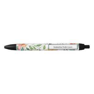 Caneta Preta Elegante Floral Personalizado em Aquarela