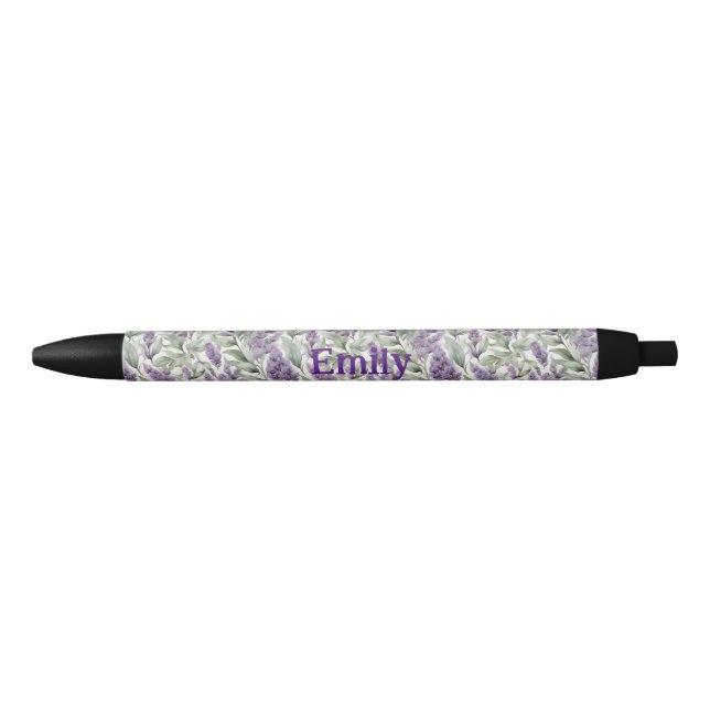 Caneta Preta Elegante Lilac e Sage personalizados florais (Frente)