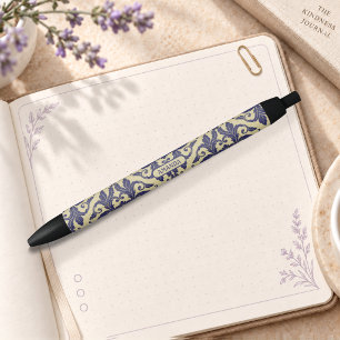 Caneta Preta Elegante Monograma Damasco Naval Amarelo Vintage
