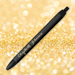 Caneta Preta Elegante Ouro Preto Nome Estiloso Escritório Negóc