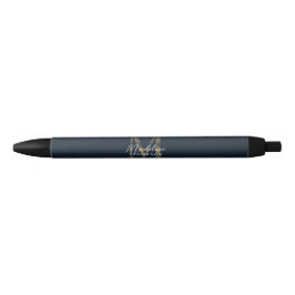Caneta Preta Elegante Rótulo Metálico Azul Marinho Dourado Mono