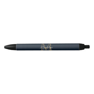 Caneta Preta Elegante Rótulo Metálico Azul Marinho Dourado Mono