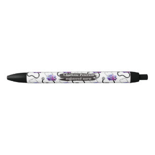 Caneta Preta Enfermeira Registrada Estetoscópio e Floral Azul