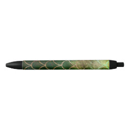 Caneta Preta Escamas de Peixe Sereia Brilho Verde e Dourado
