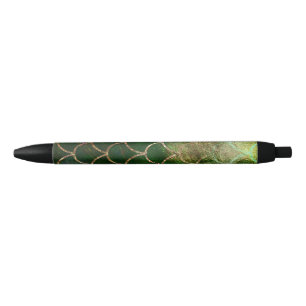 Caneta Preta Escamas de Peixe Sereia com Brilho Verde e Dourado