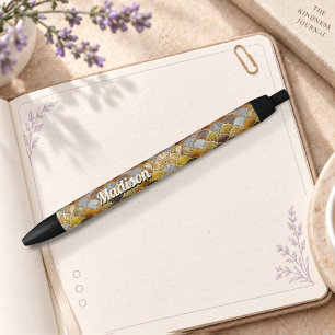 Caneta Preta Escamas de sereia femininas elegantes douradas