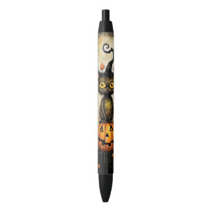 Caneta Preta Escrevendo Spooky Cat e Jack o Lantern
