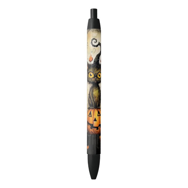 Caneta Preta Escrevendo Spooky Cat e Jack o Lantern (Frente Vertical)
