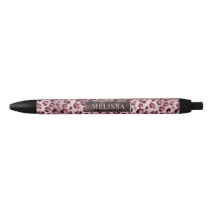 Caneta Preta Estampa de Animal Leopardo Rosa Com Folha Falsa e 
