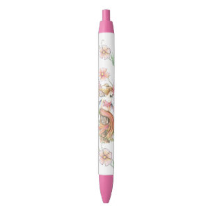 Caneta Preta Fada Flor Rosa Arte Fantasia