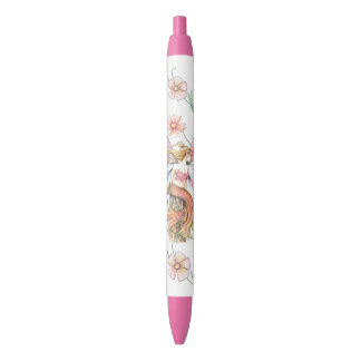 Caneta Preta Fada Flor Rosa Arte Fantasia