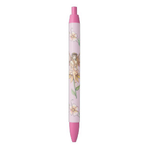 Caneta Preta Fada Flor Rosa Arte Fantasia
