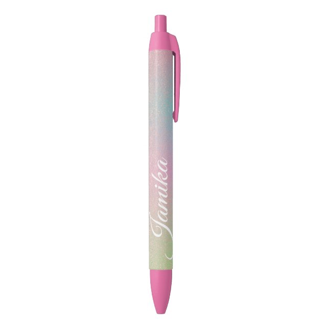 Caneta Preta Falso Brilho Rosa Pastel Arco-Íris Monogramado  (parte de inferior (Vertical))