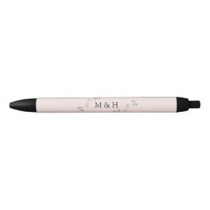 Caneta Preta Favor de casamento em aquarela floral cinza rosa e