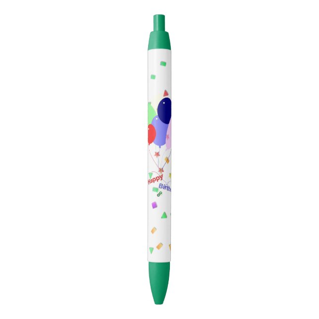 Caneta Preta Feliz Balões de Aniversário Coloridos (Frente Vertical)