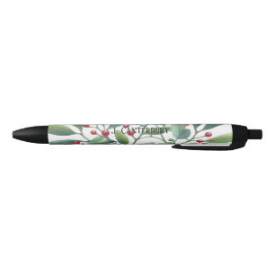 Caneta Preta Feriado Personalizado Mistletoe Greenery