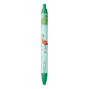 Caneta Preta Flamingo Rosa e Folha de Palmeira em Azul Claro