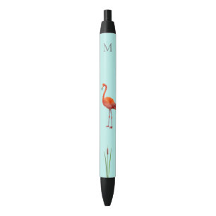 Caneta Preta Flamingo Rosa e Monograma em Azul Claro