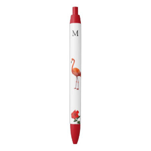 Caneta Preta Flamingo Rosa, Flor de Hibisco Vermelha & Monogram