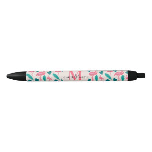 Caneta Preta Flamingo Rosa Quente - Monograma Tropical Folha-Ro