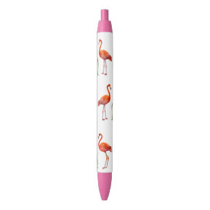 Caneta Preta Flamingos Rosa e Plantas de Junco em Branco