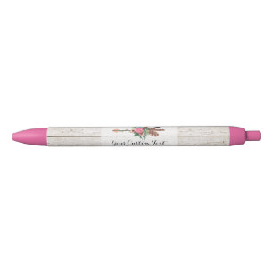 Caneta Preta Flecha de Pena Boêmia & Rosa em Madeira Branca Rús