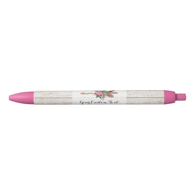 Caneta Preta Flecha de Pena Boêmia & Rosa em Madeira Branca Rús (Frente)