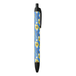 Caneta Preta Flor Azul-Girassol Amarelo Flor