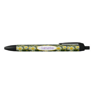 Caneta Preta Flor de Margarida Amarela Nome de Mulher Floral Da