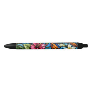 Caneta Preta Floração Tropical em Vitral Floral Vibrante 