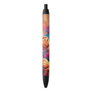 Caneta Preta Floral Abstrato Art Laranja Vermelho Azul Flores