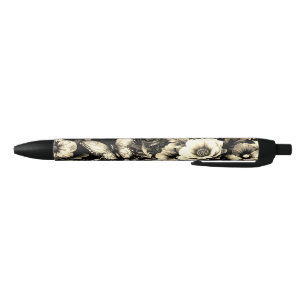 Caneta Preta Floral Antiquado ouro com Borboletas
