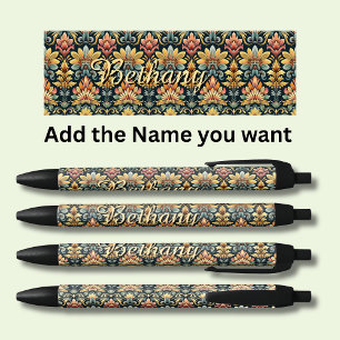 Caneta Preta Floral Clássico de Nome Personalizado