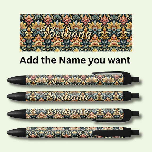 Caneta Preta Floral Clássico de Nome Personalizado (Criador carregado)