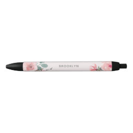 Caneta Preta Floral de Aquarela Rosa Bege