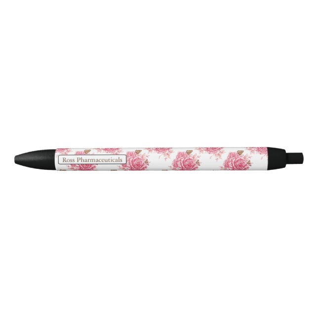Caneta Preta Floral de Borboleta Rosa Rosa Rosa Personalizada (Frente)