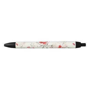 Caneta Preta Floral Vermelho Creme