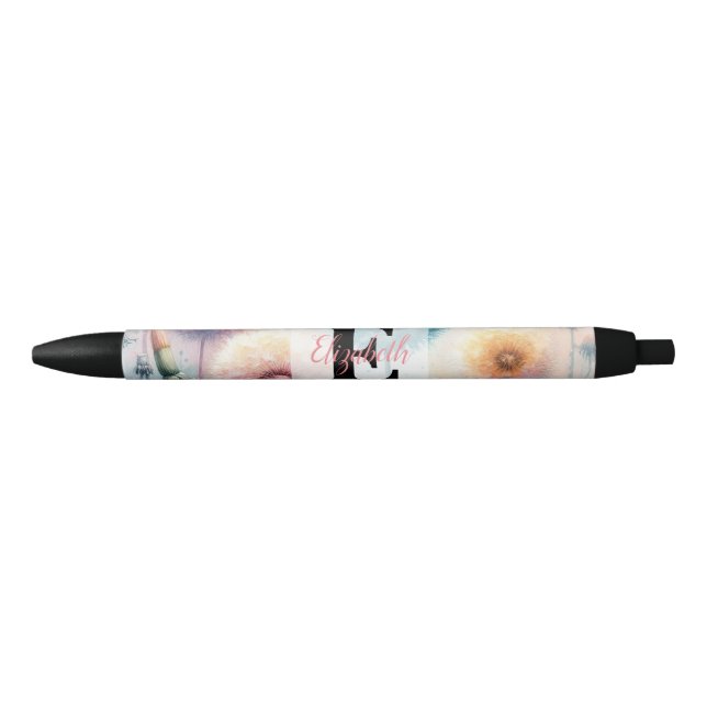 Caneta Preta Floral watercolor monogram pink blue dandelions  (Frente)