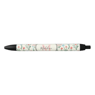 Caneta Preta Flores Azuis Rosa Girly Padrão Monograma Elegante
