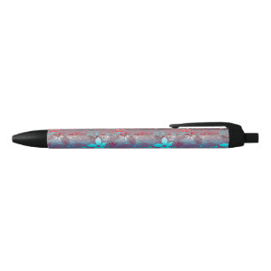 Caneta Preta Flores Azuis Vermelhos Em Lace