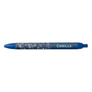 Caneta Preta Flores Camellia Azul Marinho Nome Personalizado 