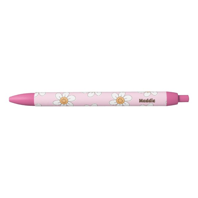 Caneta Preta Flores Cor-de-Rosa Personalizadas Fofas (Frente)