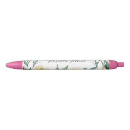 Caneta Preta Flores de Aquarela de Pêssego com Nome Monograma