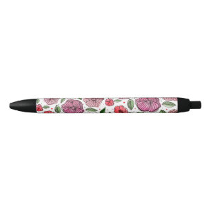 Caneta Preta Flores de aquarelas e de tinta - rosa e verde