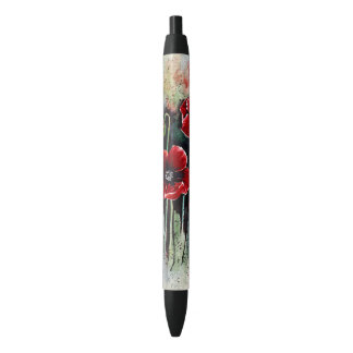 Caneta Preta Flores De Papoila Em Aquarela