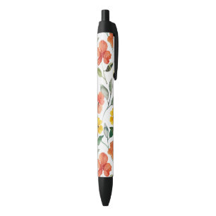 Caneta Preta Flores de Pêssego Amarelo Vermelho