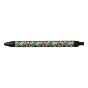 Caneta Preta Flores Ditsy Vibrantes Desenho de Padrão Floral-43
