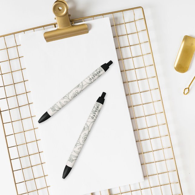 Caneta Preta Flores Ervas Padrão Boho Verde Sálvia Moderno (Criador carregado)