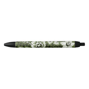 Caneta Preta Flores Fantásticas (Verde Musgo) Arte Refinado